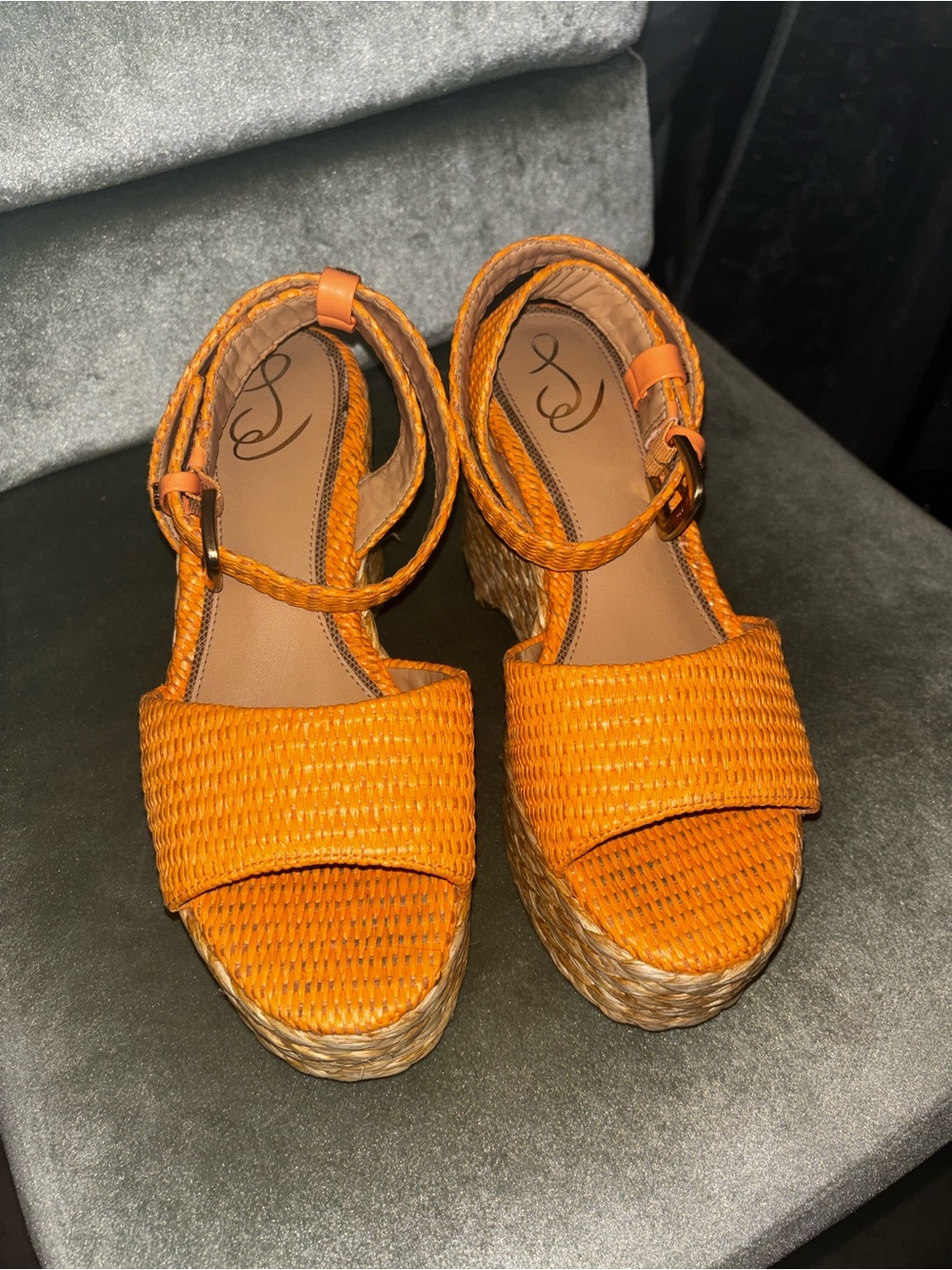 Orange Woven Platform Sandals with Ankle Strap